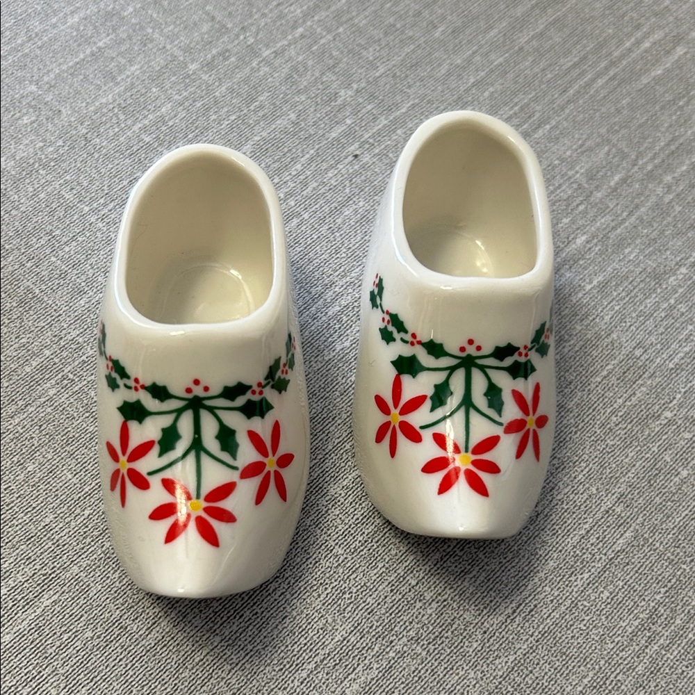 White Ceramic Dutch Clogs with Red Floral Holiday Design